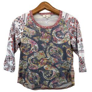 For Keeps Womens TShirt Sz S Boho MixedMedia Boho Paisley Floral 3/4 Slv MadeUSA
